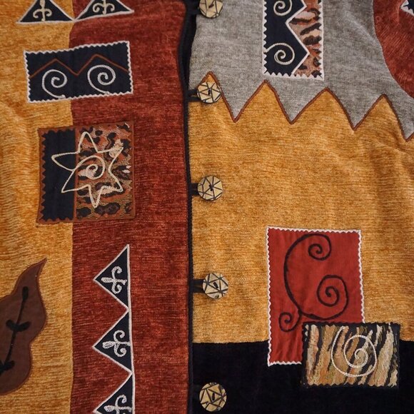 Vintage Indigo Moon Brown Tan Embroidered Patchwork Button Boho Jacket 1X - Picture 7 of 12